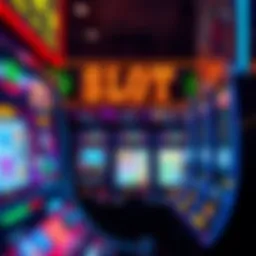 A vibrant slot machine display with colorful symbols and lights