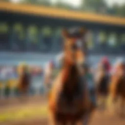 A thoroughbred horse racing at full speed on the track