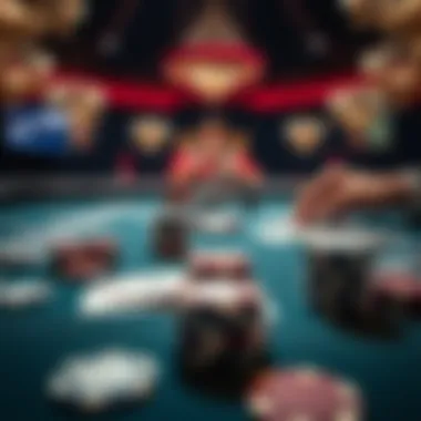 A close-up view of a poker table with chips and cards laid out strategically.