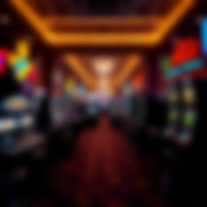 Lively Casino Floor Atmosphere A bustling casino floor filled with gaming tables and slot machines, showcasing the lively atmosphere.