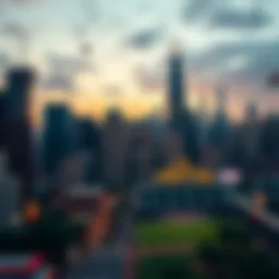 An overview of the Chicago skyline with sports events in the foreground