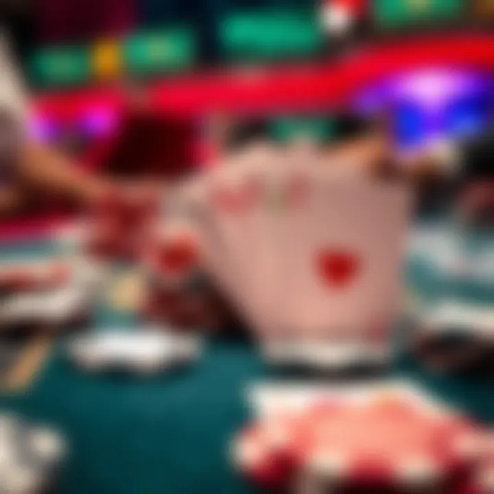 A close-up of a blackjack game with cards and chips