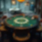 A detailed layout of a poker table showing the game setup