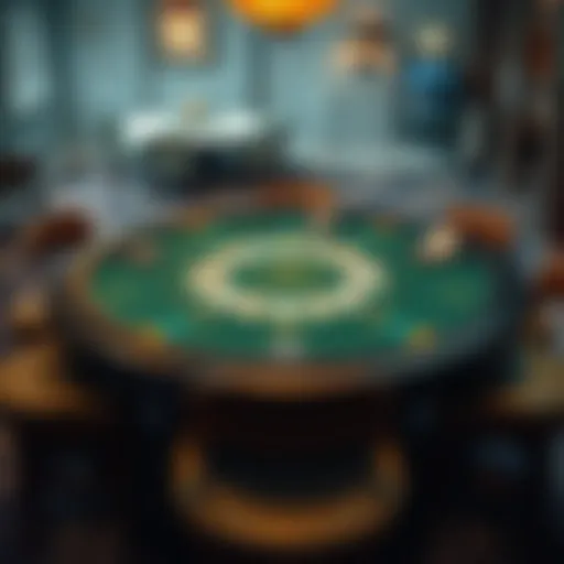 A detailed layout of a poker table showing the game setup