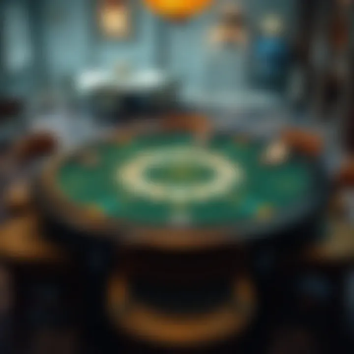 A detailed layout of a poker table showing the game setup