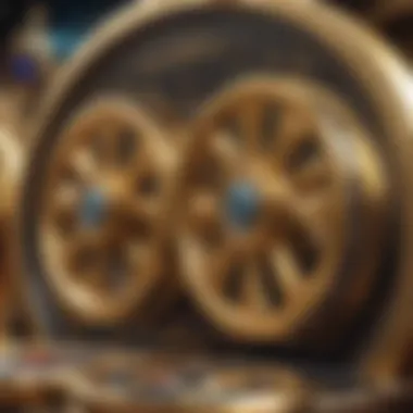 A close-up of spinning reels in a gold slot game featuring intricate designs and animations