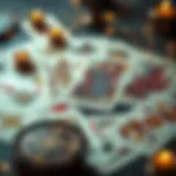 A mystical card layout representing various tarot symbols
