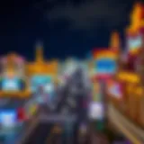 A panoramic view of Las Vegas Strip at night, showcasing vibrant lights and iconic casinos
