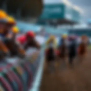 Jockeys in vibrant uniforms at the starting line
