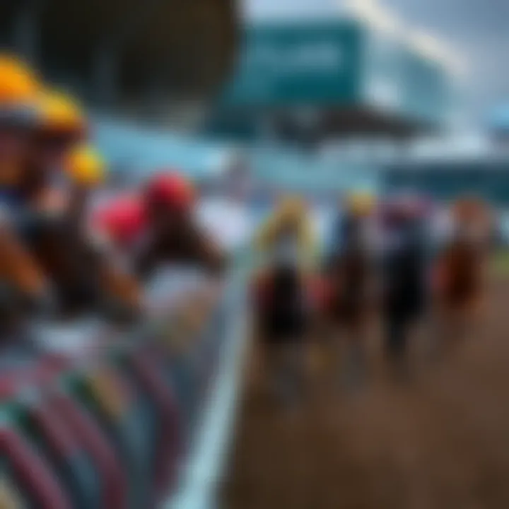 Jockeys in vibrant uniforms at the starting line