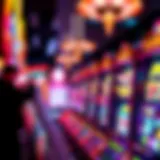 A vibrant slot machine with spinning reels and bright lights