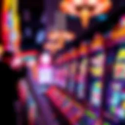 A vibrant slot machine with spinning reels and bright lights