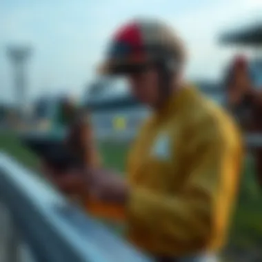 Jockey and Data Analysis Jockey analyzing data on a tablet before a race