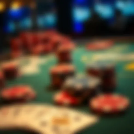 A close-up of a Texas Hold'em poker table with cards and chips