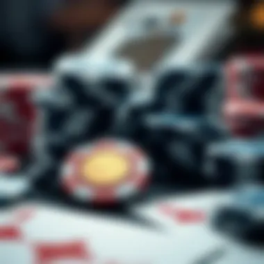 Close-up of poker chips and cards, emphasizing strategy