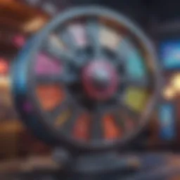 A vibrant digital illustration of a spinning reel with colorful icons symbolizing free spins