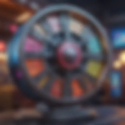 A vibrant digital illustration of a spinning reel with colorful icons symbolizing free spins