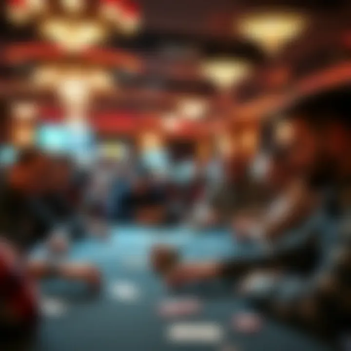 A vibrant atmosphere in the poker room with players engaged in serious gameplay.