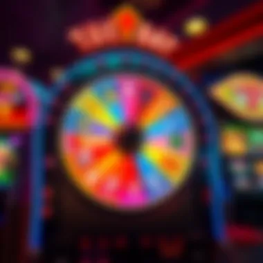 Thematic Elements of the Slot Machine An illustration depicting the thematic elements of the Wheel of Fortune slot, featuring iconic symbols and bright colors