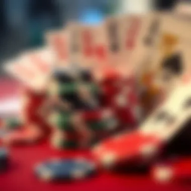 A close-up view of poker chips and cards representing a strategic moment in a game.
