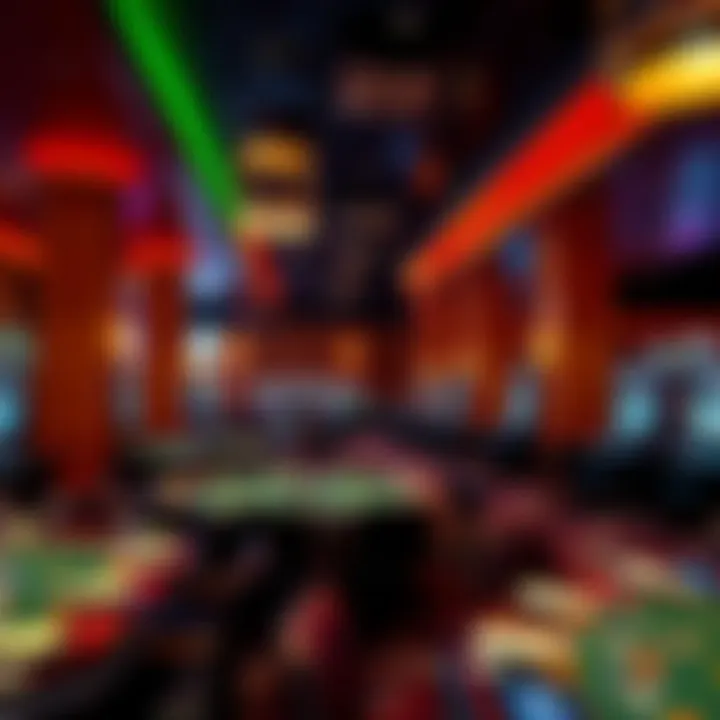 Vibrant ambiance of a casino restaurant with gaming tables nearby.