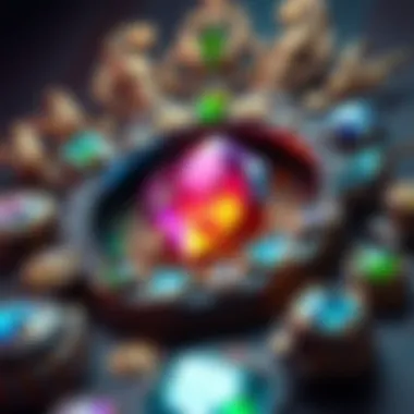 A close-up view of a game design featuring intricate gem-themed elements and mechanics