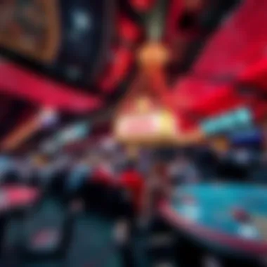 Overview of a Bustling Poker Tournament Venue Overview of a bustling poker tournament venue