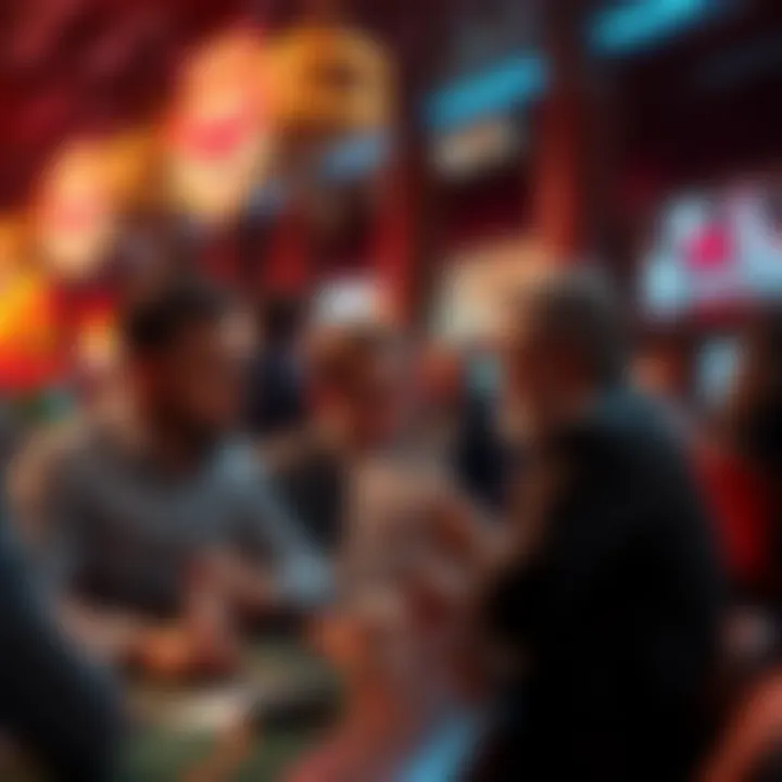 Promoters discussing strategies in a lively Las Vegas venue