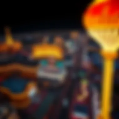 An aerial view of the Las Vegas Strip with its iconic casinos illuminated.