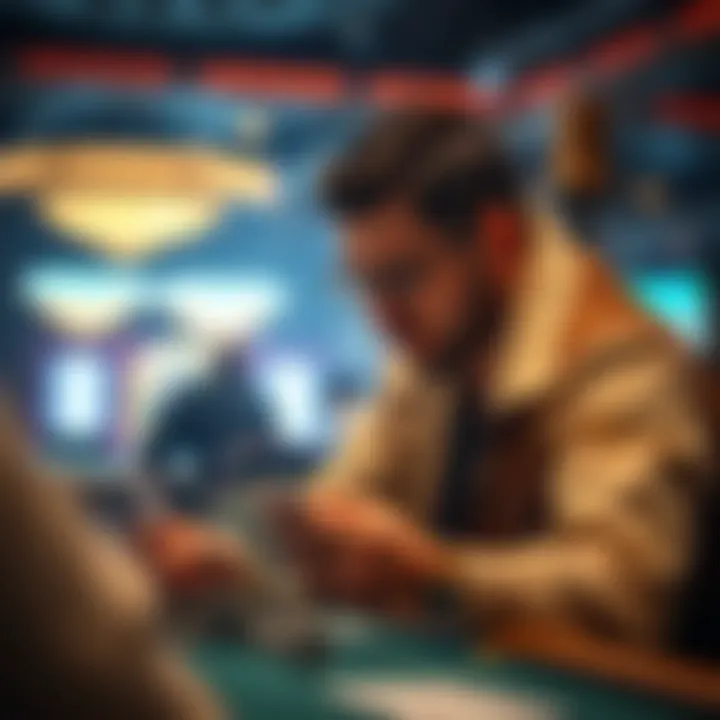 A focused player analyzing their cards at a poker table, surrounded by a competitive atmosphere.
