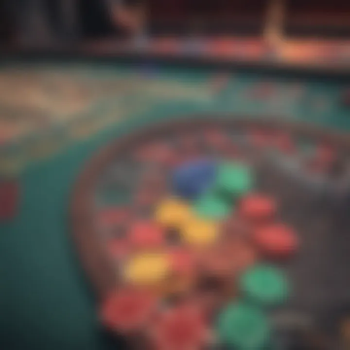 Close-up of colorful chips on a roulette table