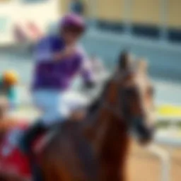 A jockey riding a horse at a racetrack