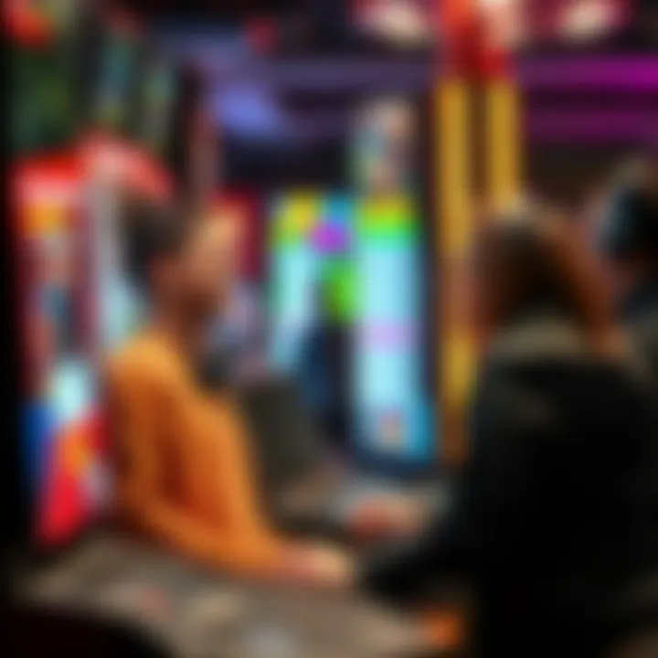 A group of friends engaged in an animated discussion while placing their bets at a sports betting kiosk.