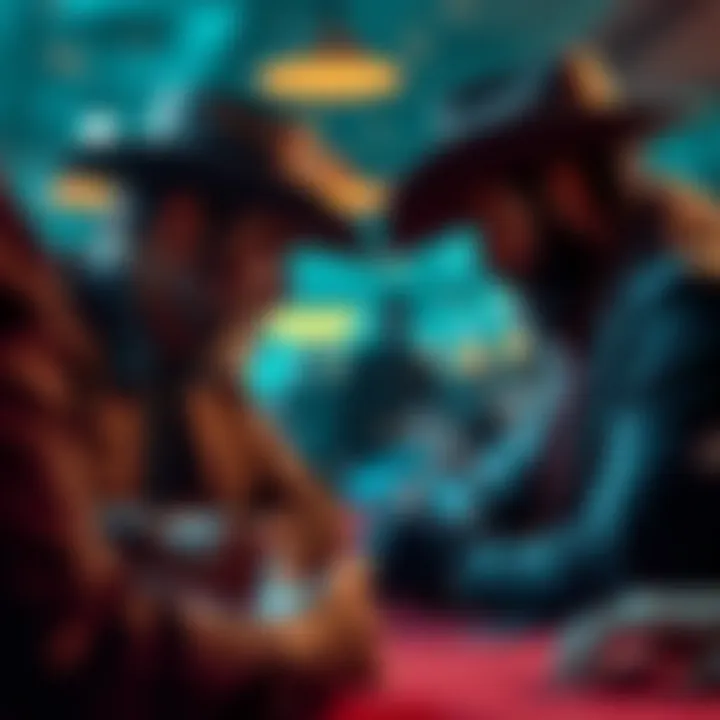 An intense face-off between players, illustrating the psychological tension of Cowboy Poker.