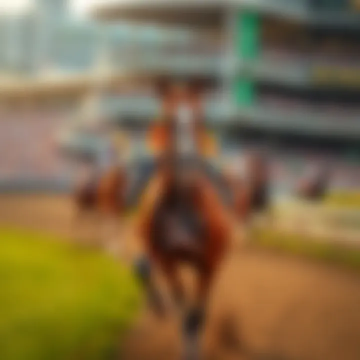 Detailed view of a horse racing through the Kentucky Derby track