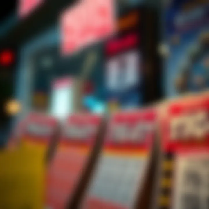 Close-up of lottery tickets displayed for purchase