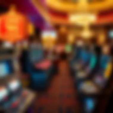 A bustling casino floor filled with vintage slot machines and gaming tables.